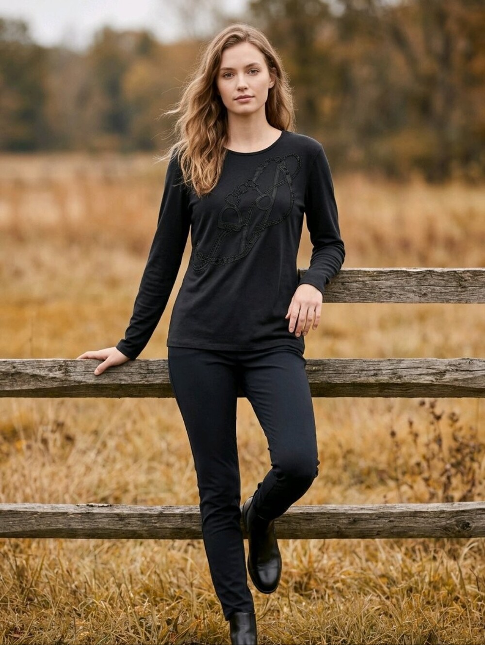 Lauren Ralph Lauren Women's Black Long-Sleeve Equine Embellished Lo G Sleeve Tee